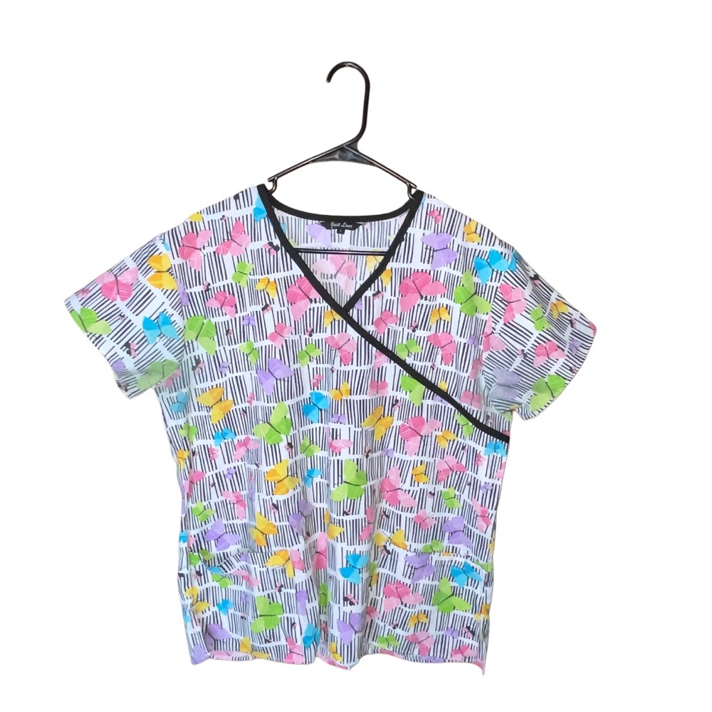 Womens Butterfly Stripe V-Neck Nursing Scrub Size Large